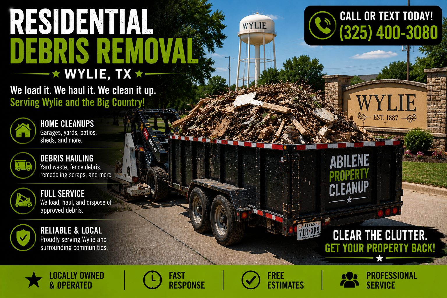 Residential debris removal serving the Wylie area of Abilene TX with a loaded trailer, yard debris, fence material, and remodeling scraps