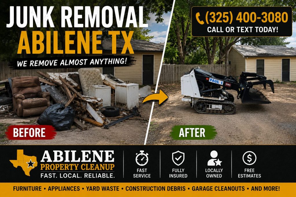 Before-and-after junk removal showing furniture, appliances and debris cleared from an Abilene property