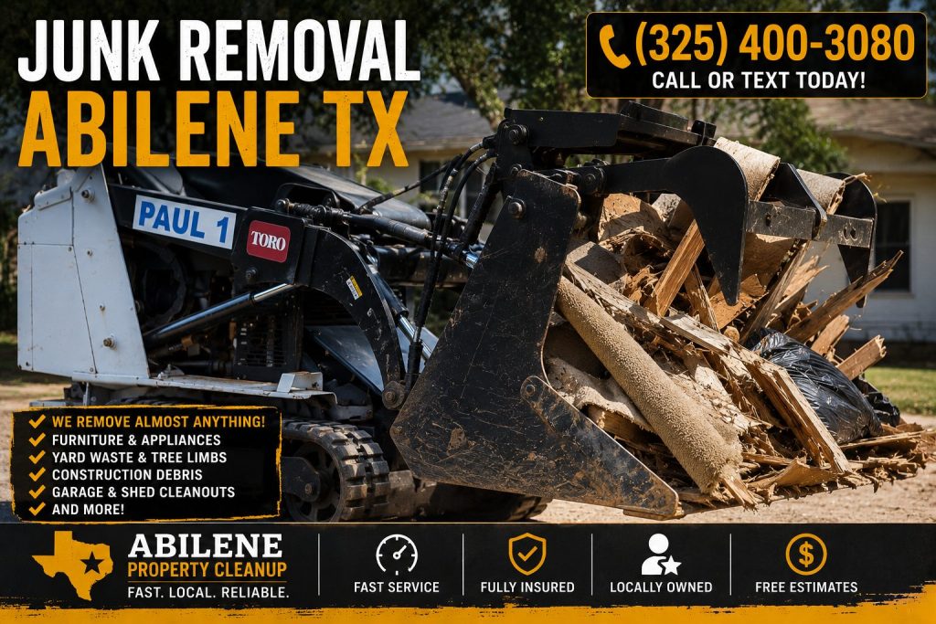 Mini skid steer grapple loading wood and construction debris during junk removal in Abilene TX