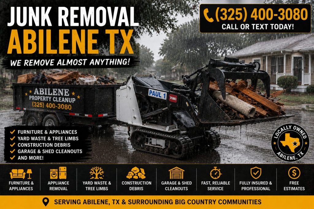 Junk removal in the rain using a mini skid steer and debris trailer in Abilene TX