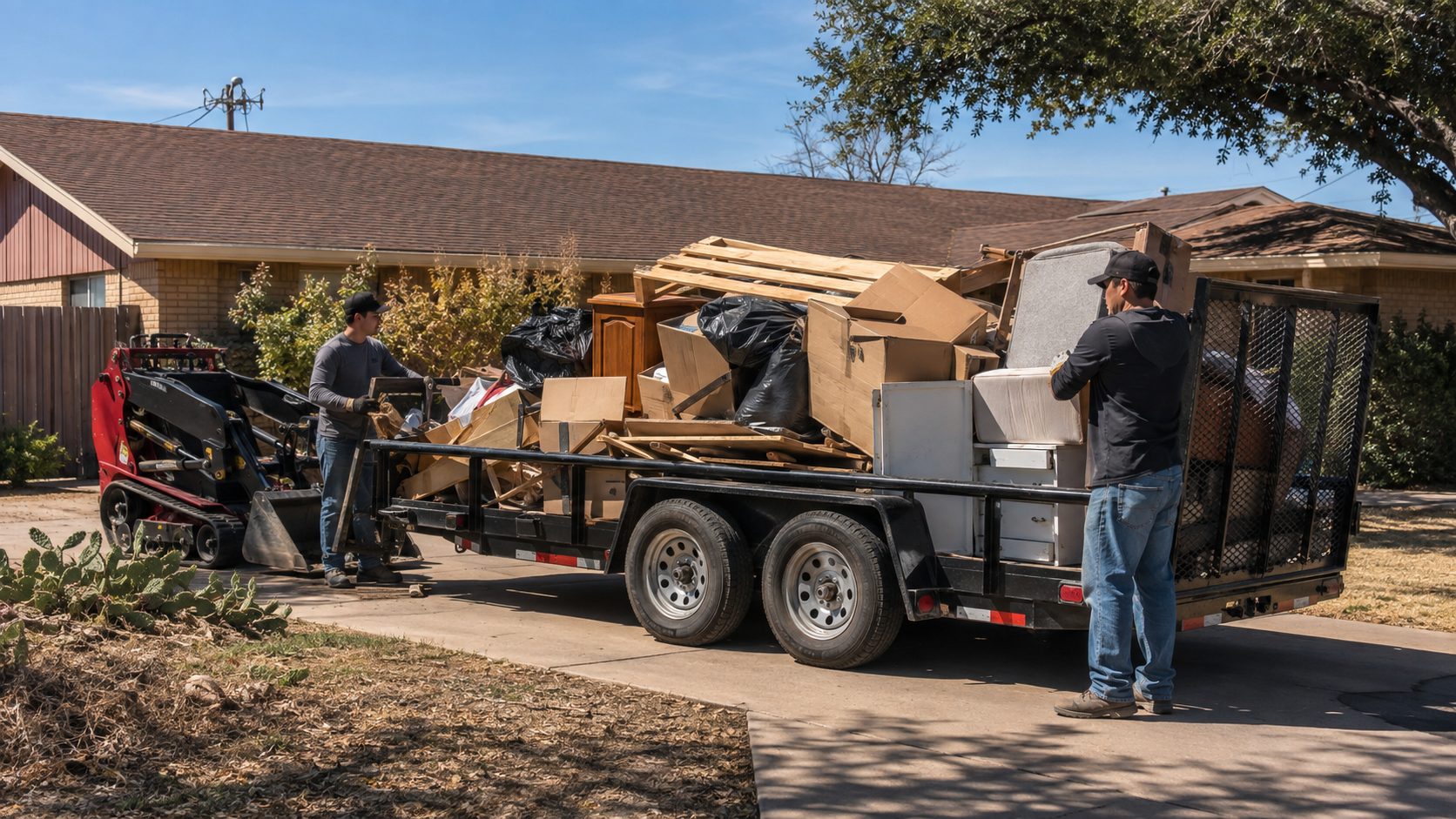 Workers loading furniture, boxes and household junk onto a trailer during an Abilene cleanout